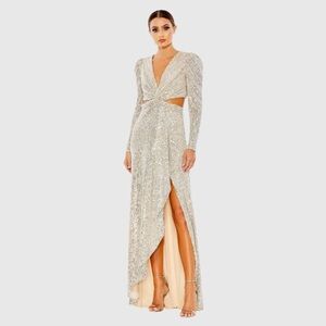 Mac Duggal 26739 NWT SEQUINED CRISS CROSS LONG SLEEVE GOWN